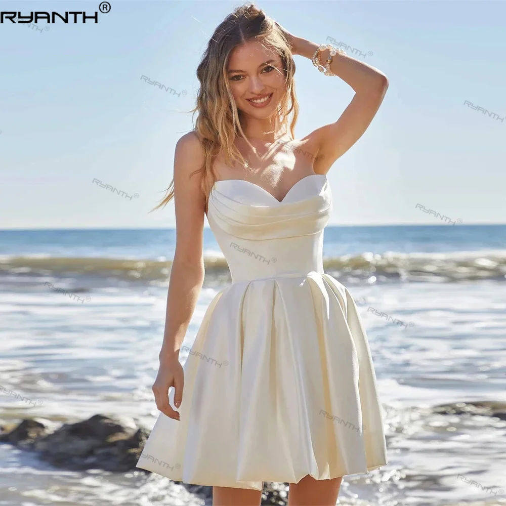 Ryanth Homecoming Dress Boho Short Wedding Dresses Mini Bridal Gown For Women Button Back Sweetheart Satin Robe De Mariage