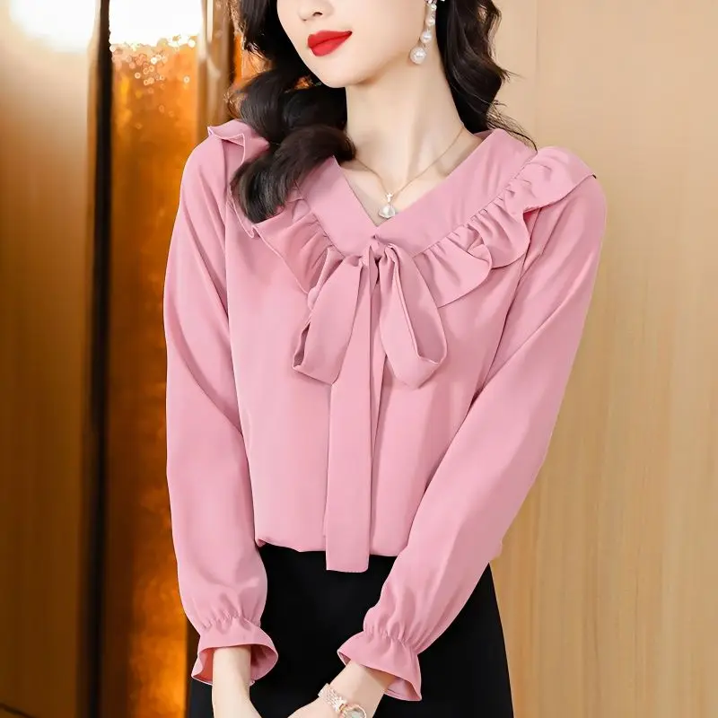 2023 Spring Autumn New Elegant Bow Solid Color Solid Color Long Sleeve Blouse Ladies Fashion Lacing Pullover Slim Women\'s Shirt