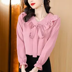 2023 Spring Autumn New Elegant Bow Solid Color Solid Color Long Sleeve Blouse Ladies Fashion Lacing Pullover Slim Women's Shirt