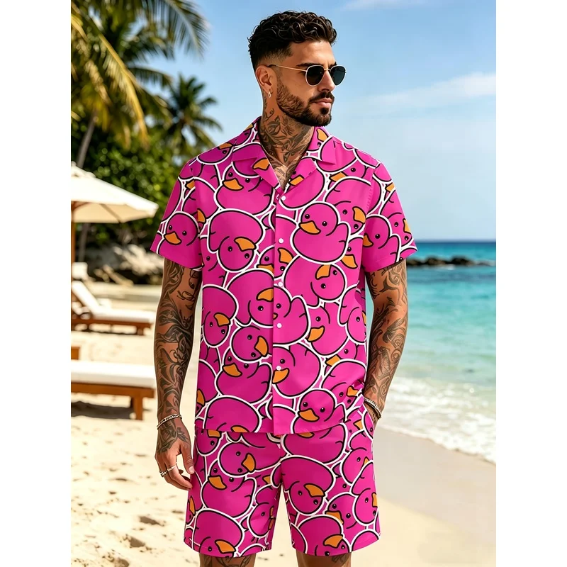 Men's Summer2Cartoon duck print beach shirt and shorts set