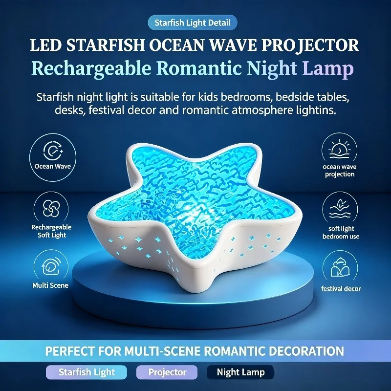 Starfish LED Night Light Wave Projector Festival for Children Study Bedroom Decoration Birthday Present Holiday Gift Decor