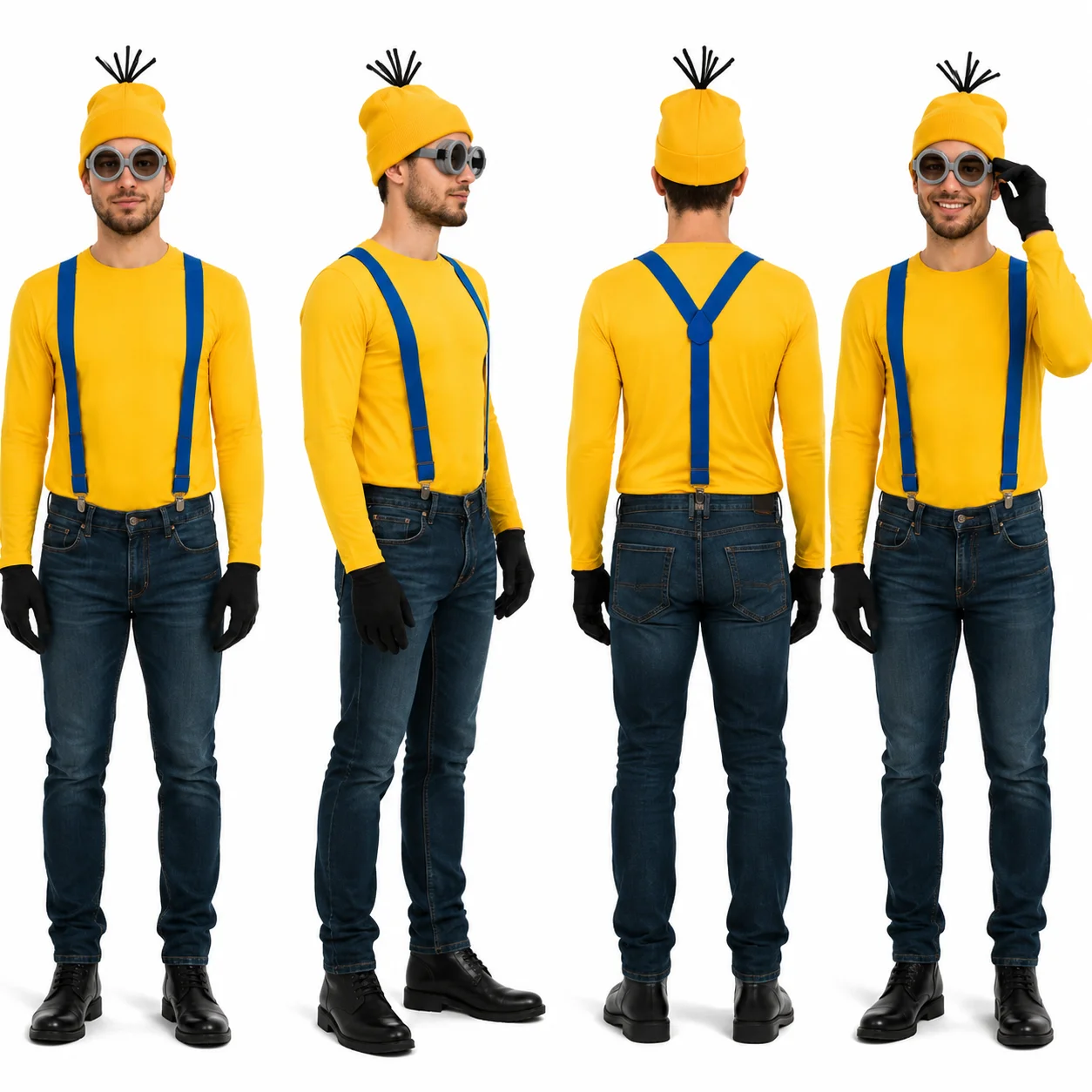 Adult Halloween Cosplay Accessory Kit Yellow Knitted Hat Round Frame Goggles Blue Suspenders Black Gloves Decor Buttons Party