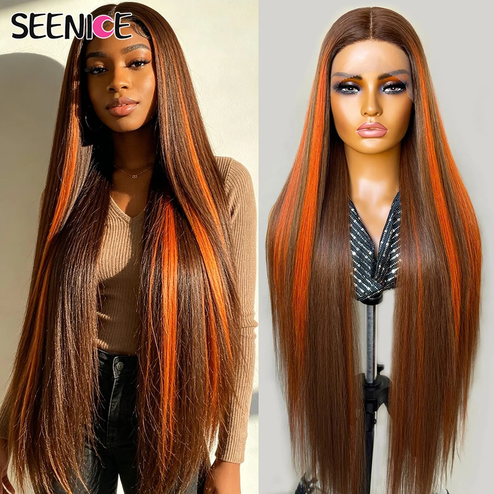 40Inch Mixed Ginger Brown Straight Lace Front Wig Synthetic T-Part 13x4x1 Long Lace Wigs Heat-resistant Fiber Highlights Piano
