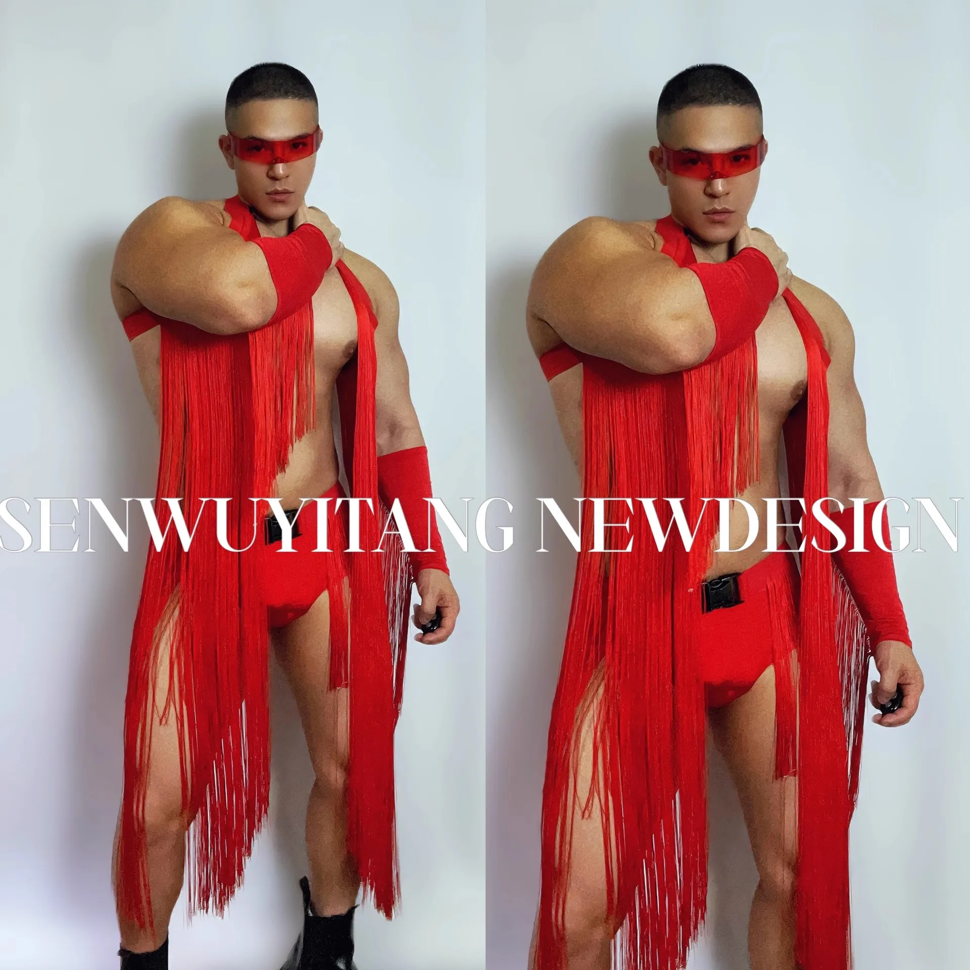 

Sexy Red Tassel Top+Cuff+Shorts+Belt 4PCS Bar Nightclub Performance Outfit Modern Jazz Dance Singer Festival Stage Rave Set