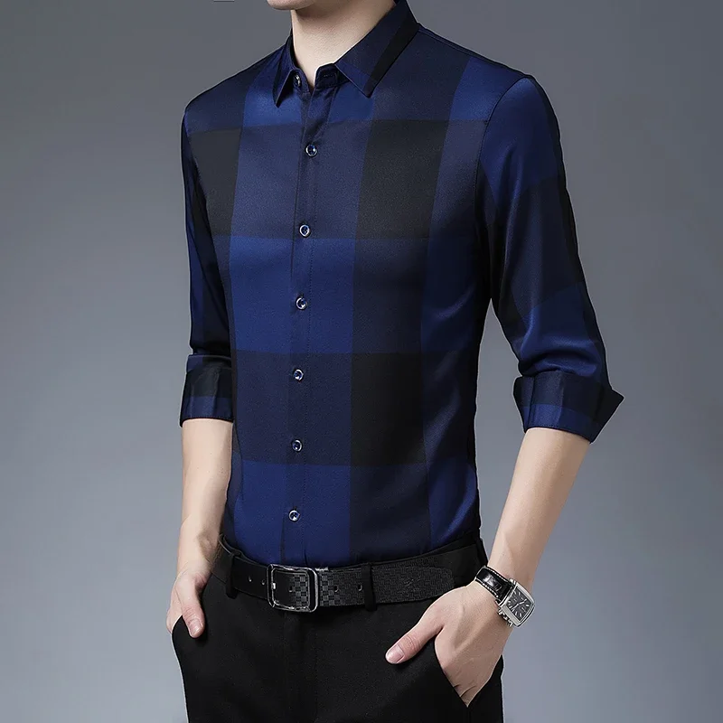 Autumn long sleeved shirt for men Business casual long sleeved plaid shirt for men