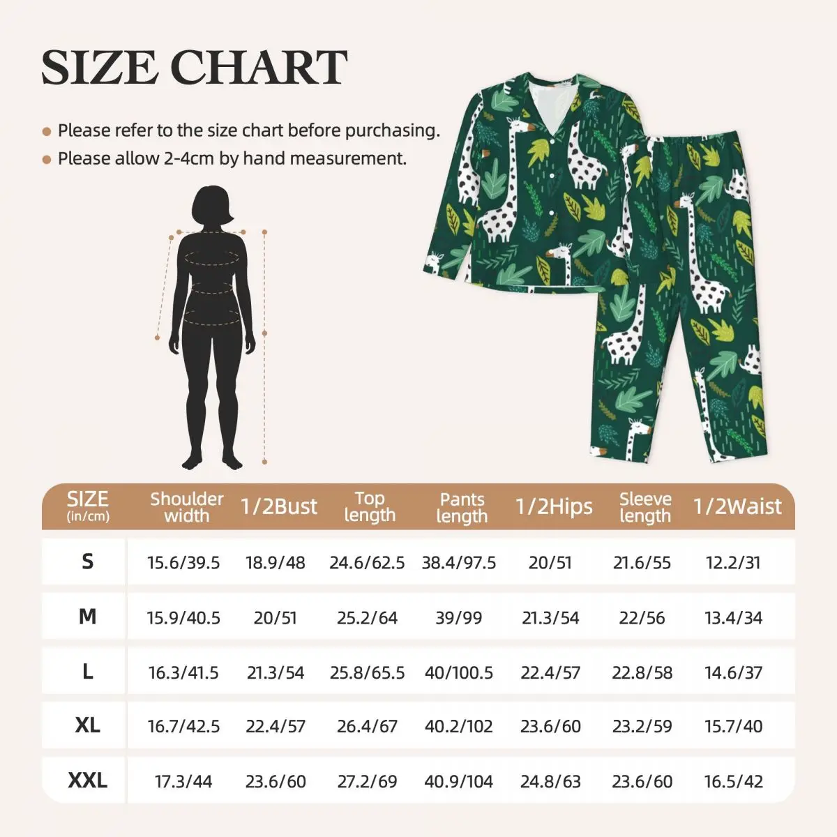 White Giraffe Pajama Sets Green Leaves Print Kawaii Sleepwear Female Long Sleeves Casual Sleep Two Piece Home Suit Large Size