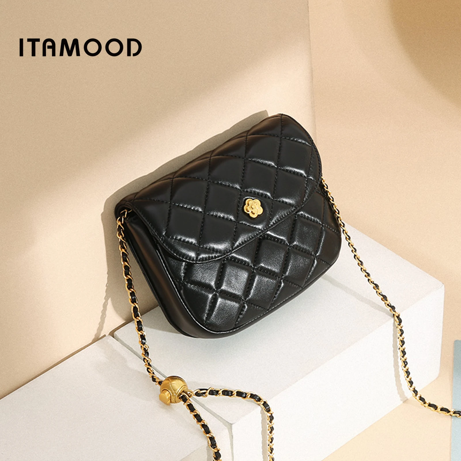 

ITAMOOD Women's Genuine Leather Chain Strap Square Bag Luxury Original Designer Brand Diamond Grid Single Shoulder Crossbody Bag