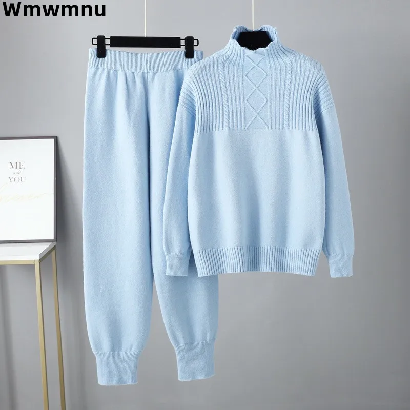 Casual Basic Knitted Women 2 Piece Sets Fall Winter Warm Strecth Sweater Tops Ensemble High Waist Ankle Length Harem Pants Suit