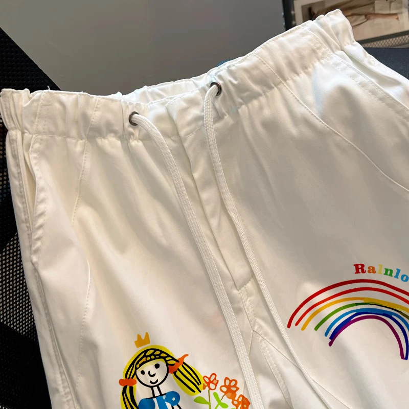 Pantaloni da lavoro Dstring a vita alta casual retrò americani Pantaloni larghi a gamba larga Uomo Donna Pantaloni casual con senso del design estivo