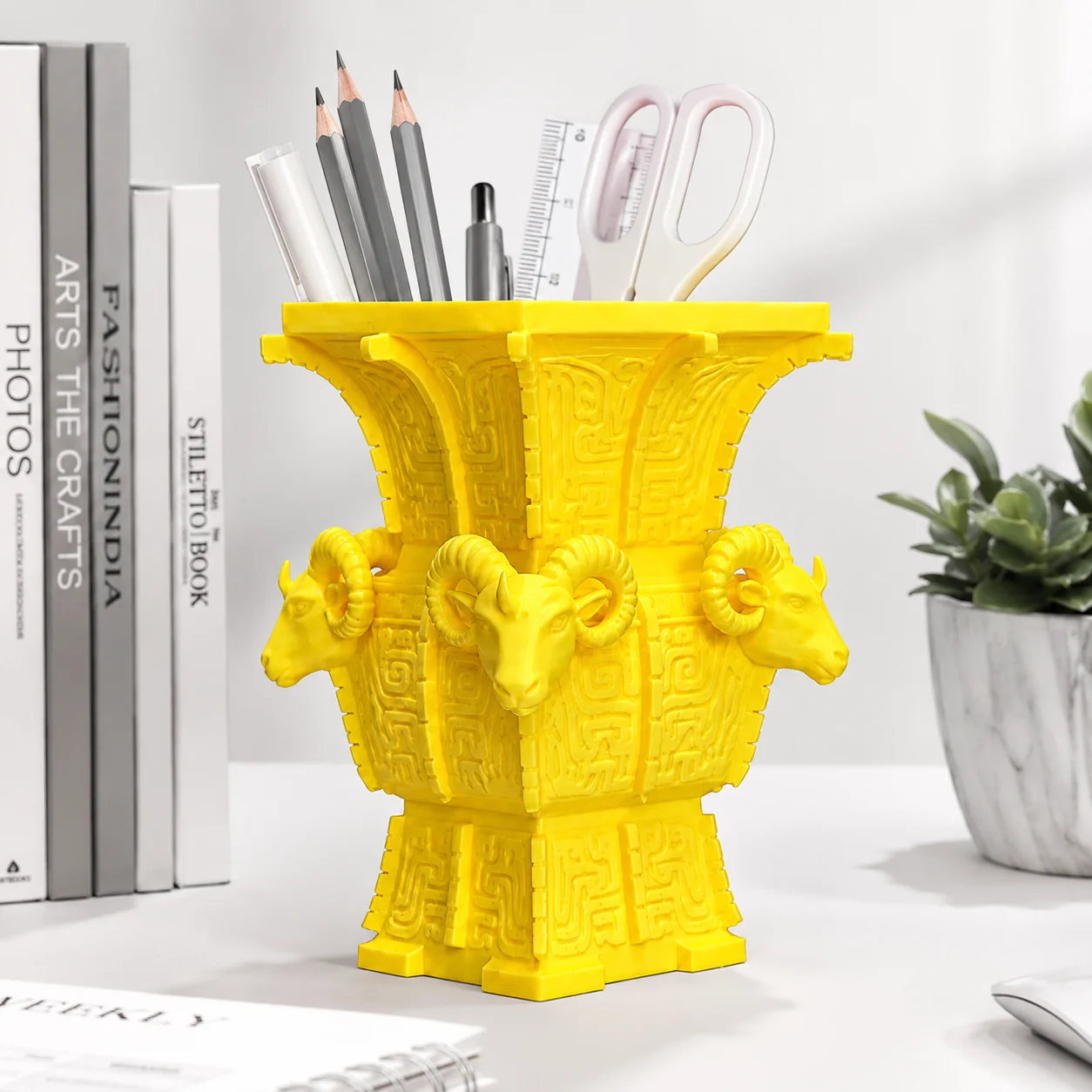 Four-Winged Ram Figurine Pen Holder, Antique-Style Ram Head Sculpture Desktop Pen Organizer, PLA Matte Plastic Pencil Holder, Large Capacity Stable Base Makeup Brush Holder, New Chinese Style Oriental Retro Desktop Ornament, Suitable for Home Office Desks, Dressing Tables, Bookshelves, Student Stationery and Office Supplies, Unique Creative Gift for Chinese Cultural and Art Enthusiasts