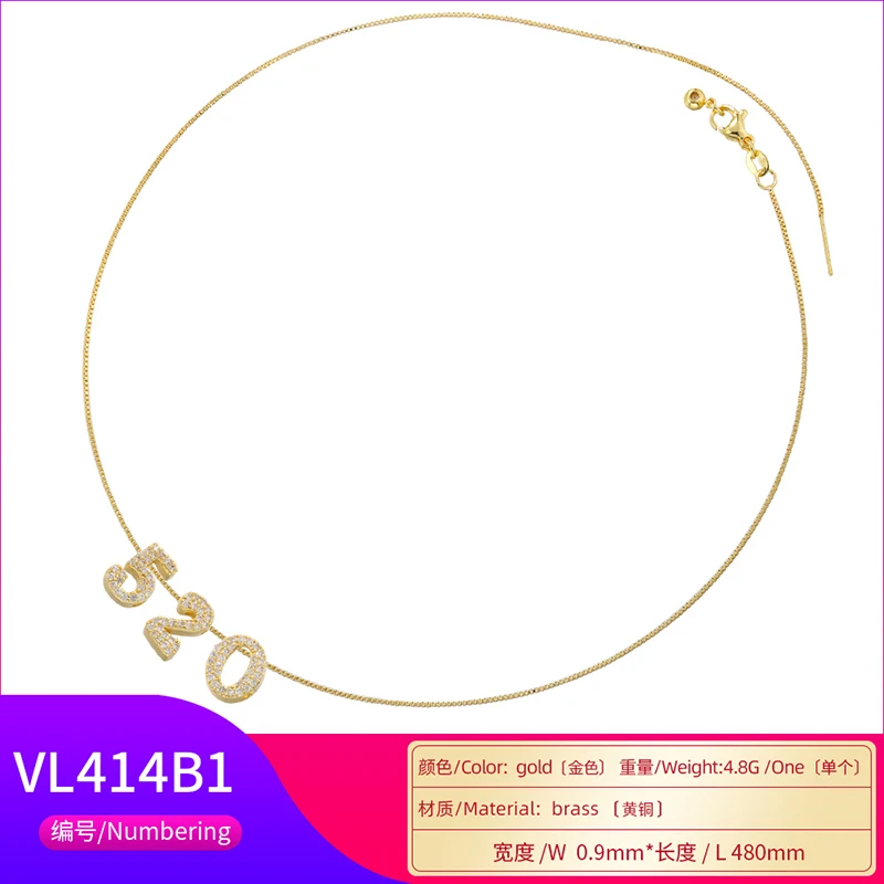 ZHUKOU 520 charms necklaces for couples gold color Brass cubic zirconia digital numbers beads necklaces chains wholesale VL414