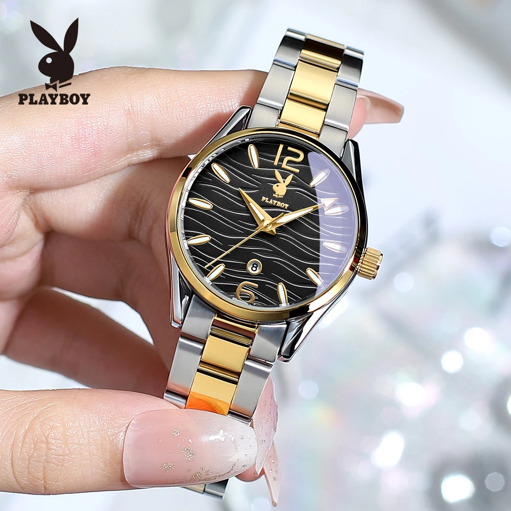PLAYBOY 3302 Imported Quartz Movement Watch For Women Stainless Steel 30m Waterproof Calendar Window Display Elegance Watch