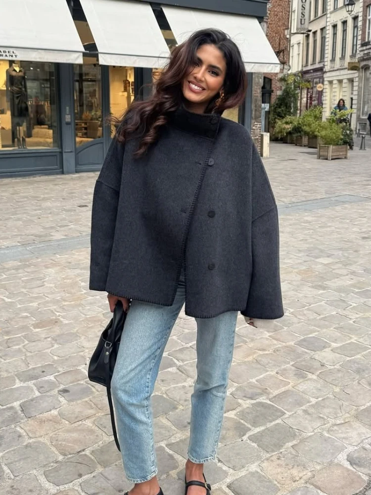 

Tsiisd Commuting Fashion Turtleneck Cardigan Jackets Women Loose Patchwork Long Sleeve Contrast Outwear Pocket Female Jackets