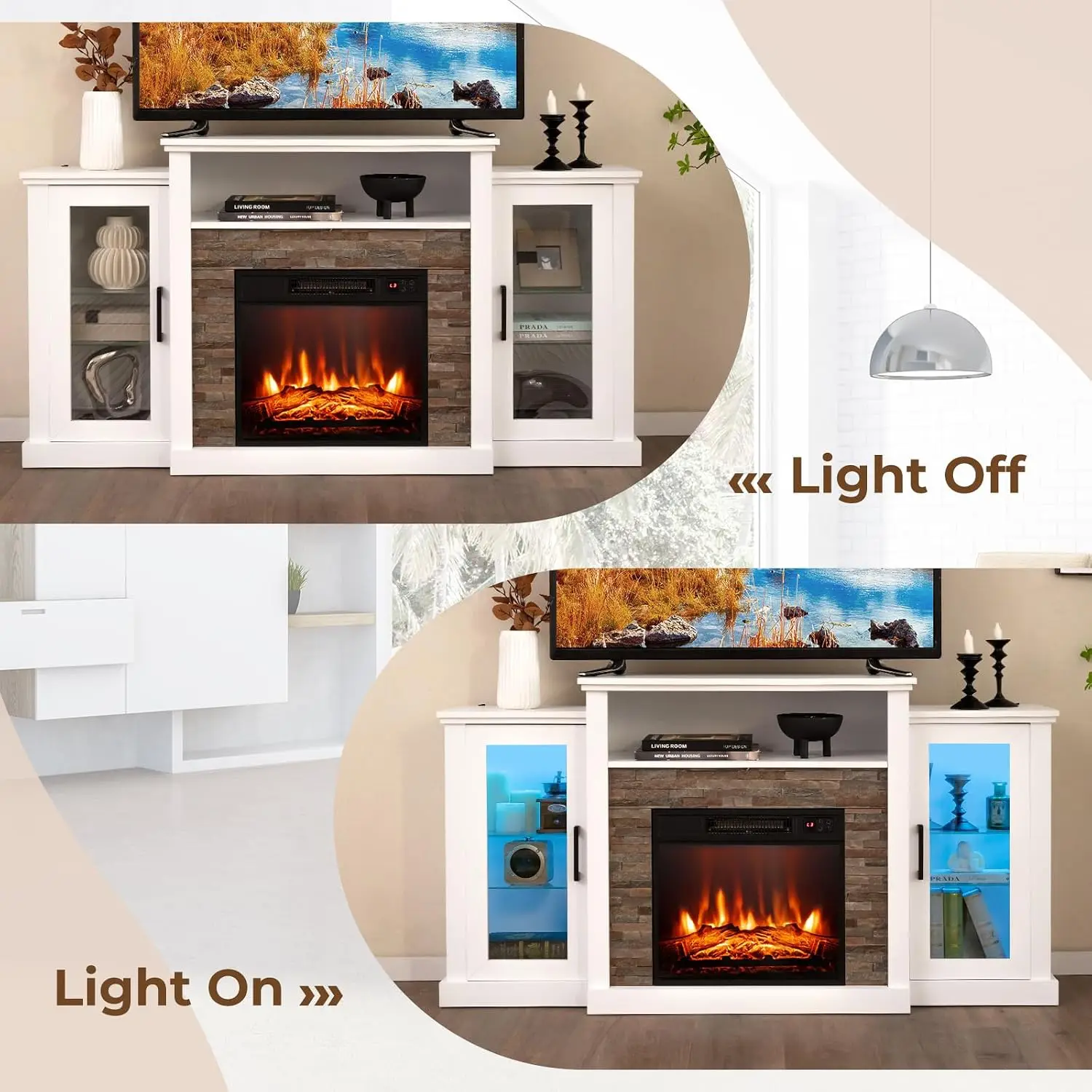 Electric Fireplace TV Stand 65 Inch TV, 18 Inch Insert APP & Remote Control, 16 Color Lights, Wood Center Adjustable Customized