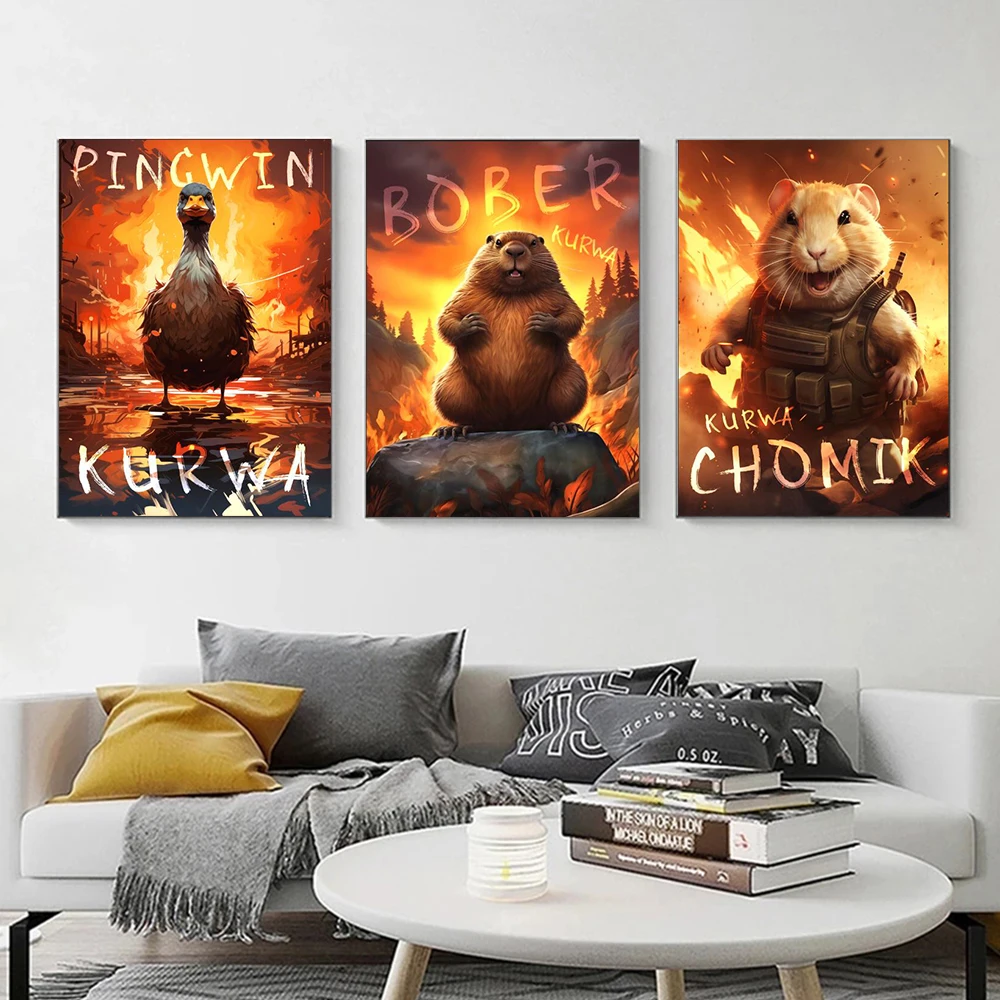 Funny War Duck Hamster Groundhog Burning Red Fire Cartoon Canvas Painting Animals Posters Prints Living Room Home Decor Cuadros