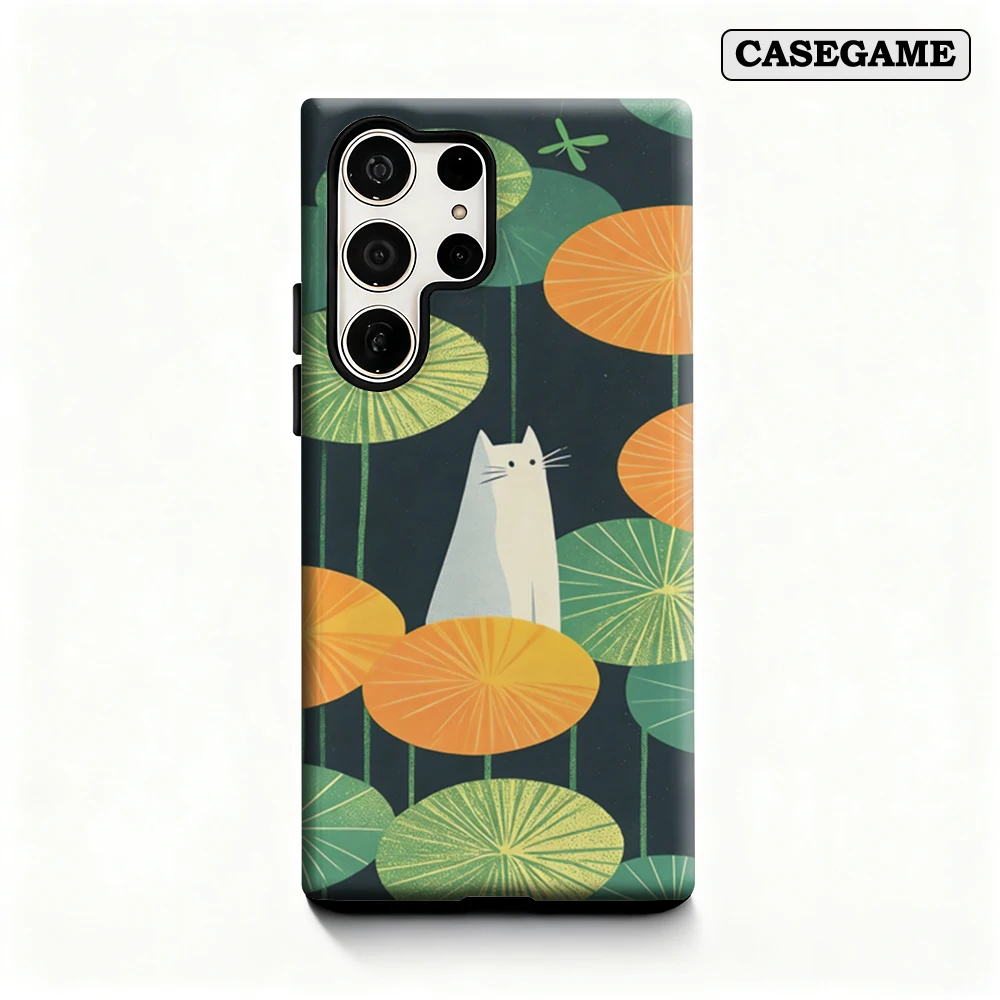 Casegame Phone Case for Samsung Galaxy S25 S26 Ultra S24 S23 Ultra Plus Shockproof Double Layer Cat and Lotus Pond Cover