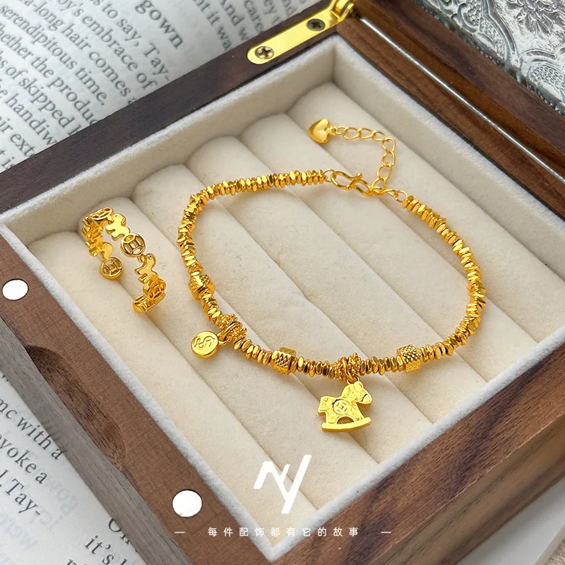 9999 24K Real Gold Light Luxury Design Horse Zodiac Sign Will Make You Rich Soon Bracelet Ring