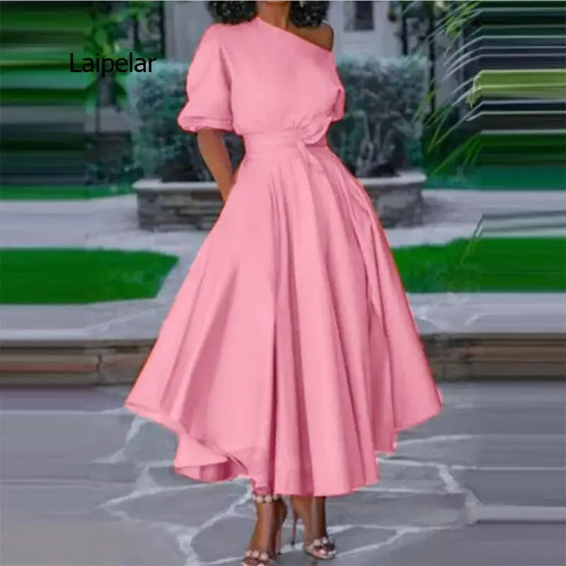 

Summer Solid Elegant Dresses Fashion Diagonal Collar A-Line Dress Women One Shoulder Puff Chiffon Vintage Dress Vestidos