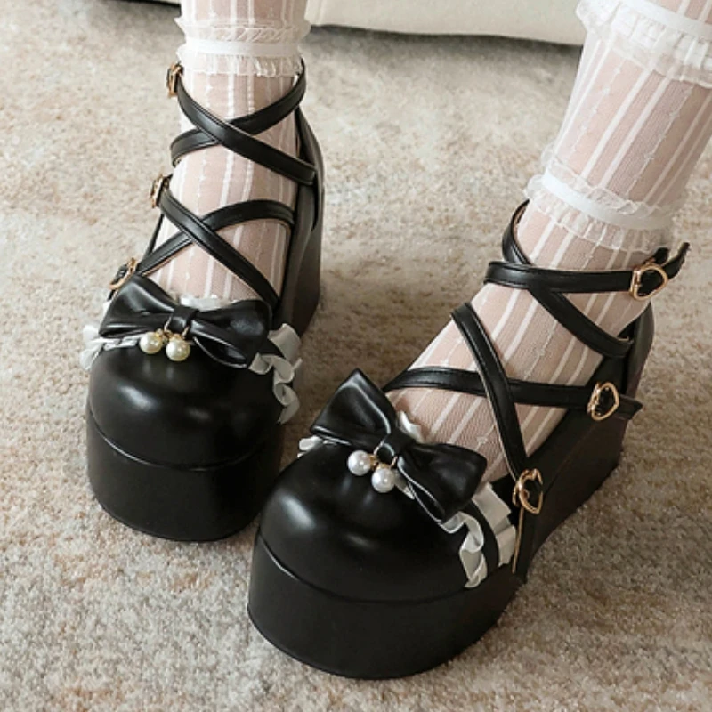Princess Lolita Platform Mary Jane Girls Party Shoes High Heels Cross Strap Sweet Bow Thick Sole Wedge Pumps Pink Black White