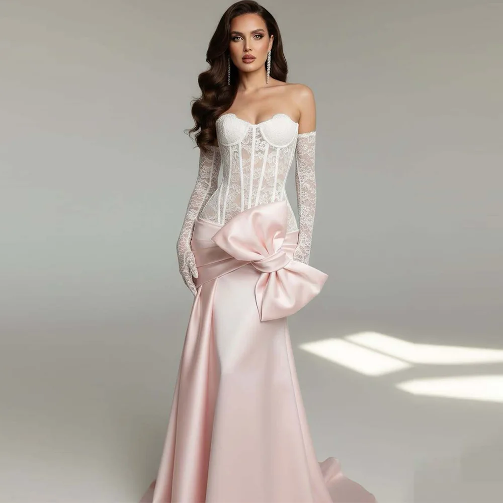 Luxury Appliques Lace Customized Robe de soirée High Quality Satin Prom Dress with Bow Temperament Mermaid Evening Dresses