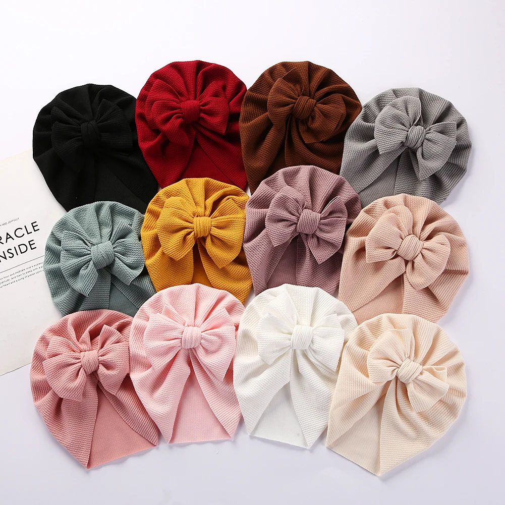 Solid Ribbed Turban Baby Hats Bow Topknot Caps for Newborn Bos Girls Toddler Beanies Hospital Headwraps Kids Hair Accessories