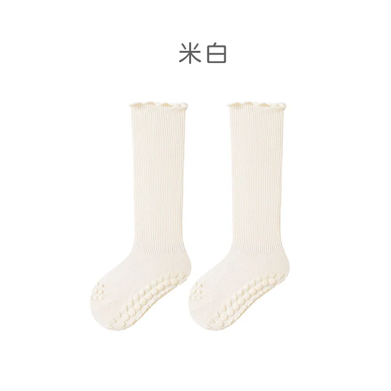 Baby High-Tube Socks with Wood Grain Edges Double Needle Anti-Slip Glue Learning Walking Floor Socks for Newborn Wholesale
