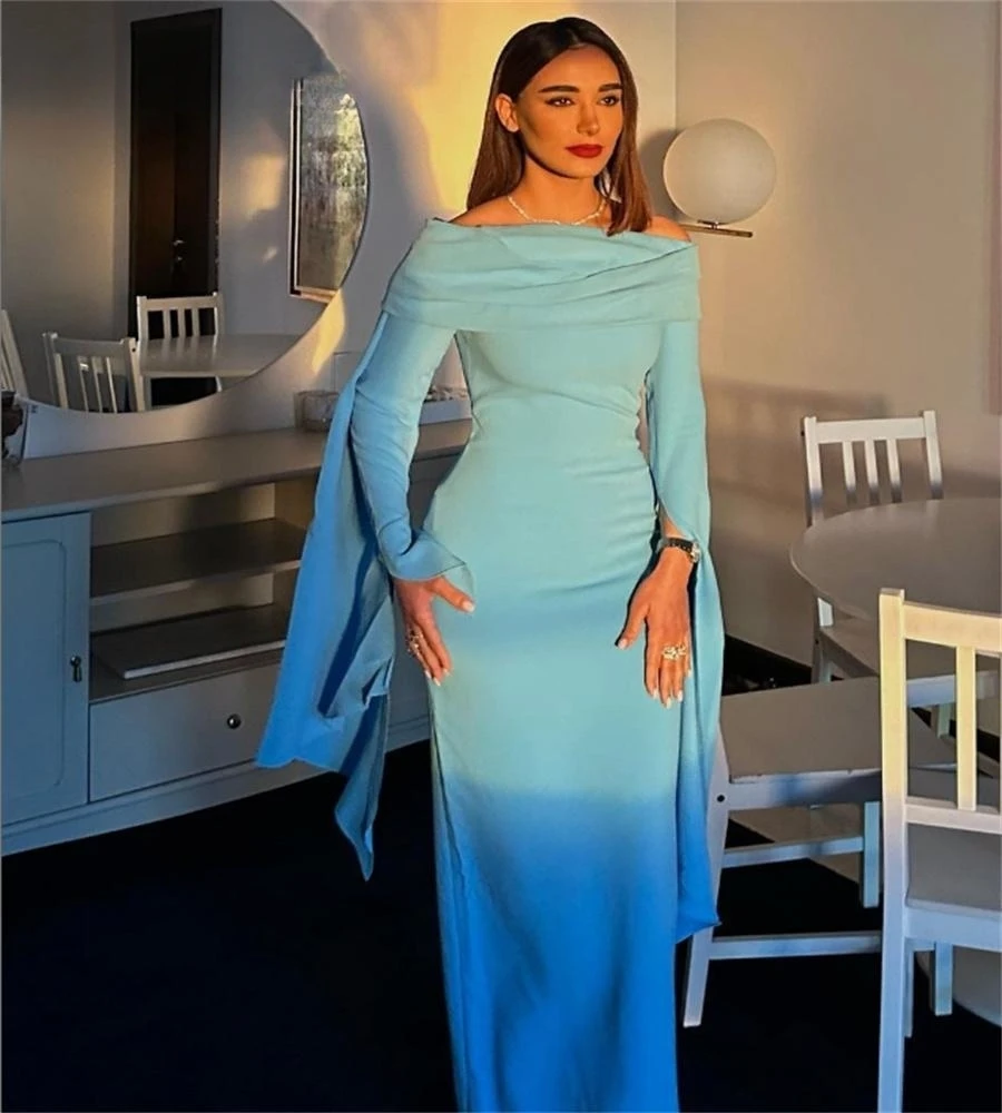 Fashionvane Ruched Bateau Neck Evening Dresses Long Sleeves Robe De Soiree Zipper Back Mermaid Prom Party Special Occasion Dress