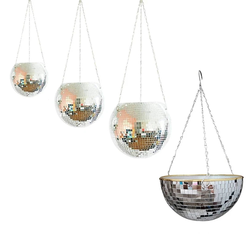 HFIL-Mirror Reflector Garden Pots Planters Disco Ball Outdoor Flower Pots Rope Mirror Hanging Basket Wall Home Room Garden