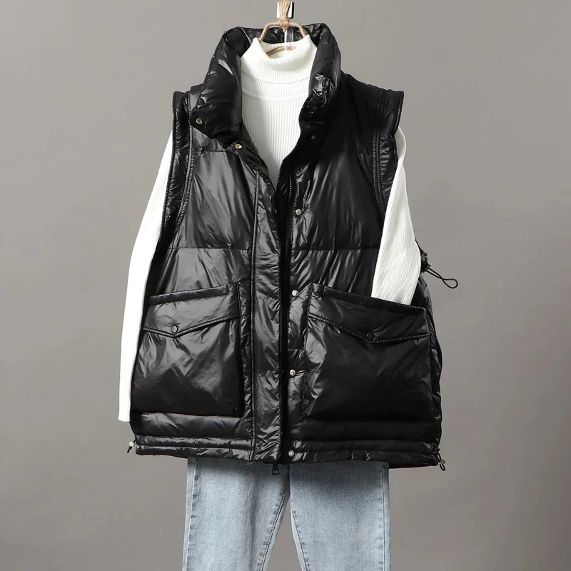 

Winter Loose Short Vest Jacket Women Down Cotton Waistcoat Glossy Stand Collar Puffer Coat Female Warm Sleeveless Jacket Outwear