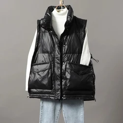 Winter Loose Short Vest Jacket Women Down Cotton Waistcoat Glossy Stand Collar Puffer Coat Female Warm Sleeveless Jacket Outwear