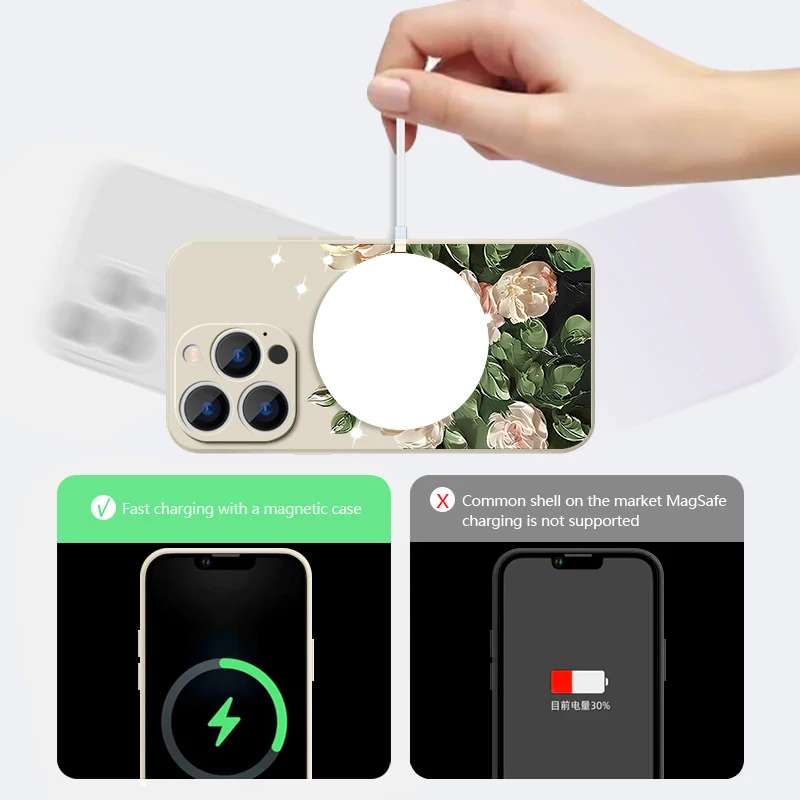 حافظة هاتف مطبوعة على شكل زهرة الورد لهاتف آيفون 17 برو ماكس 16E Air 16 15 14 13 12 Pro Max 11 مغناطيسية لهاتف Magsafe غطاء حبل ناعم من البولي يوريثان #3