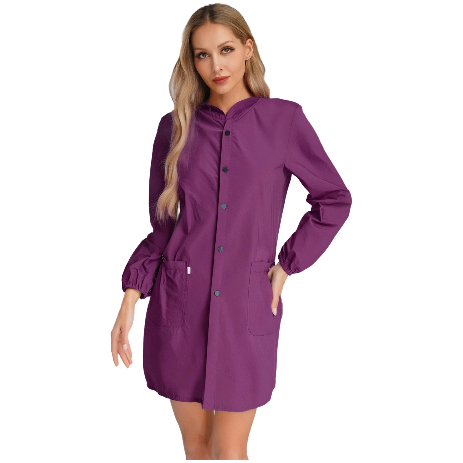 Women's Waterproof Windproof Hooded Smock Jacket Long Sleeve Outerwear Raincoat Oilproof Kitchen Cleaning Rain Coat Workwear