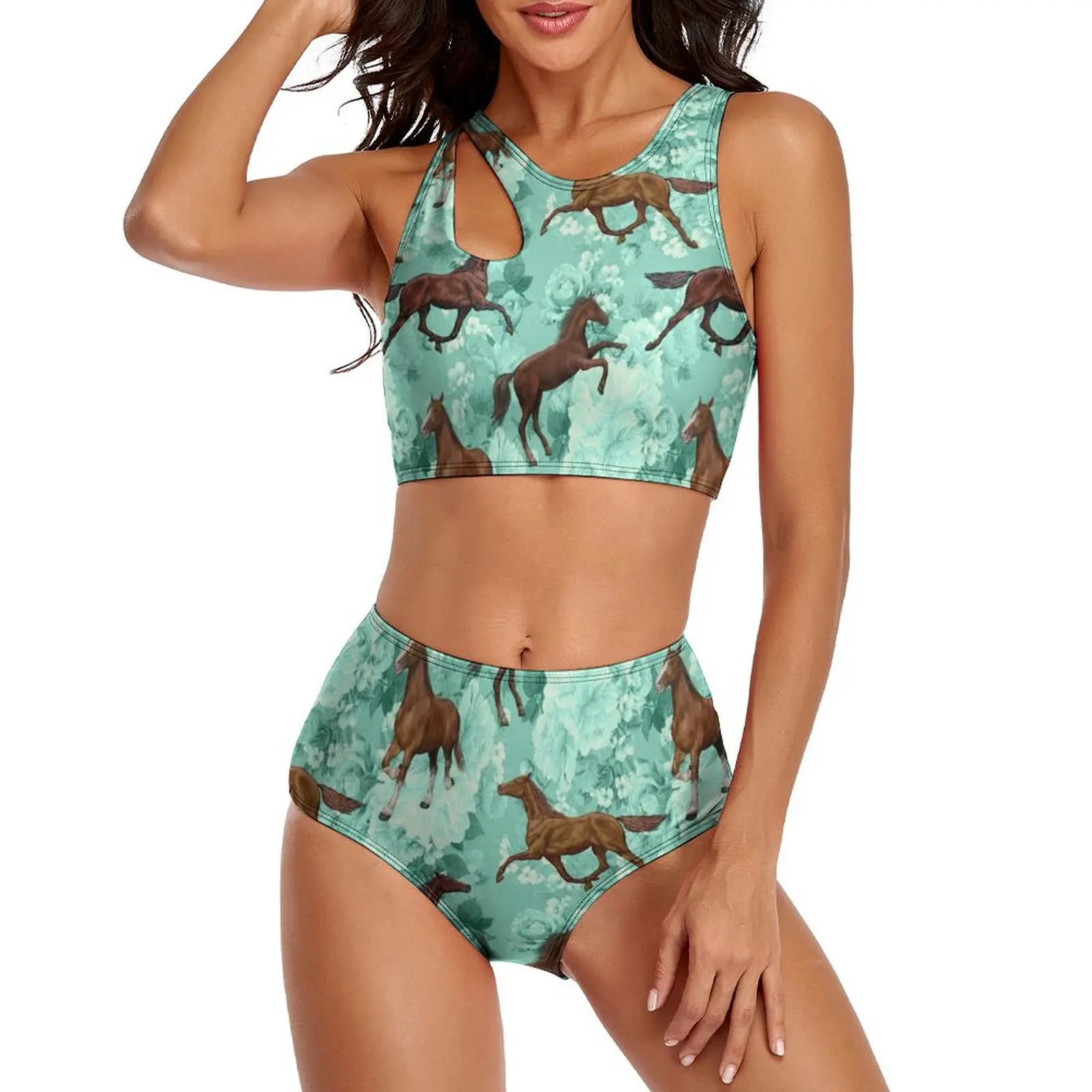 

Sexy Running Horses And Flowers Bikinis Set Horse Lover Sweet Bikini Swimsuit High Waist Swimwear Beach Oversized Swimsuits
