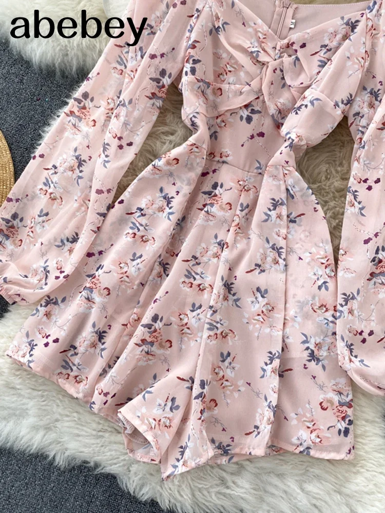 Korean Floral Jumpsuit Women Ruched V Neck Puff Sleeve Office Rompers Autumn Boho Print Holiday Wide Leg Short Rompers