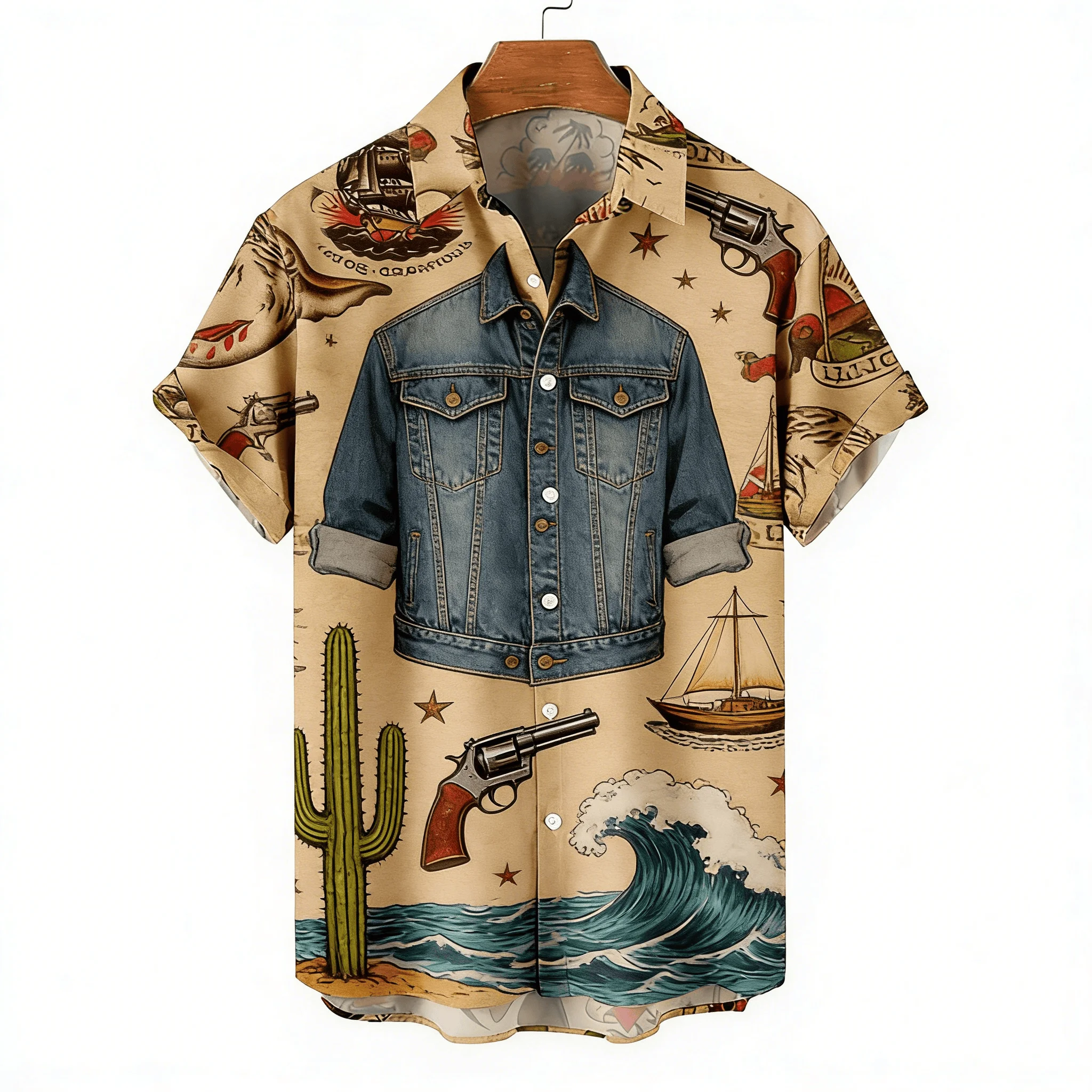 

Men's Summer Casual Shirt, Vintage Nautical Tattoo with Denim Jacket Illusion, Turn-Down Collar Top for Retro Street Style