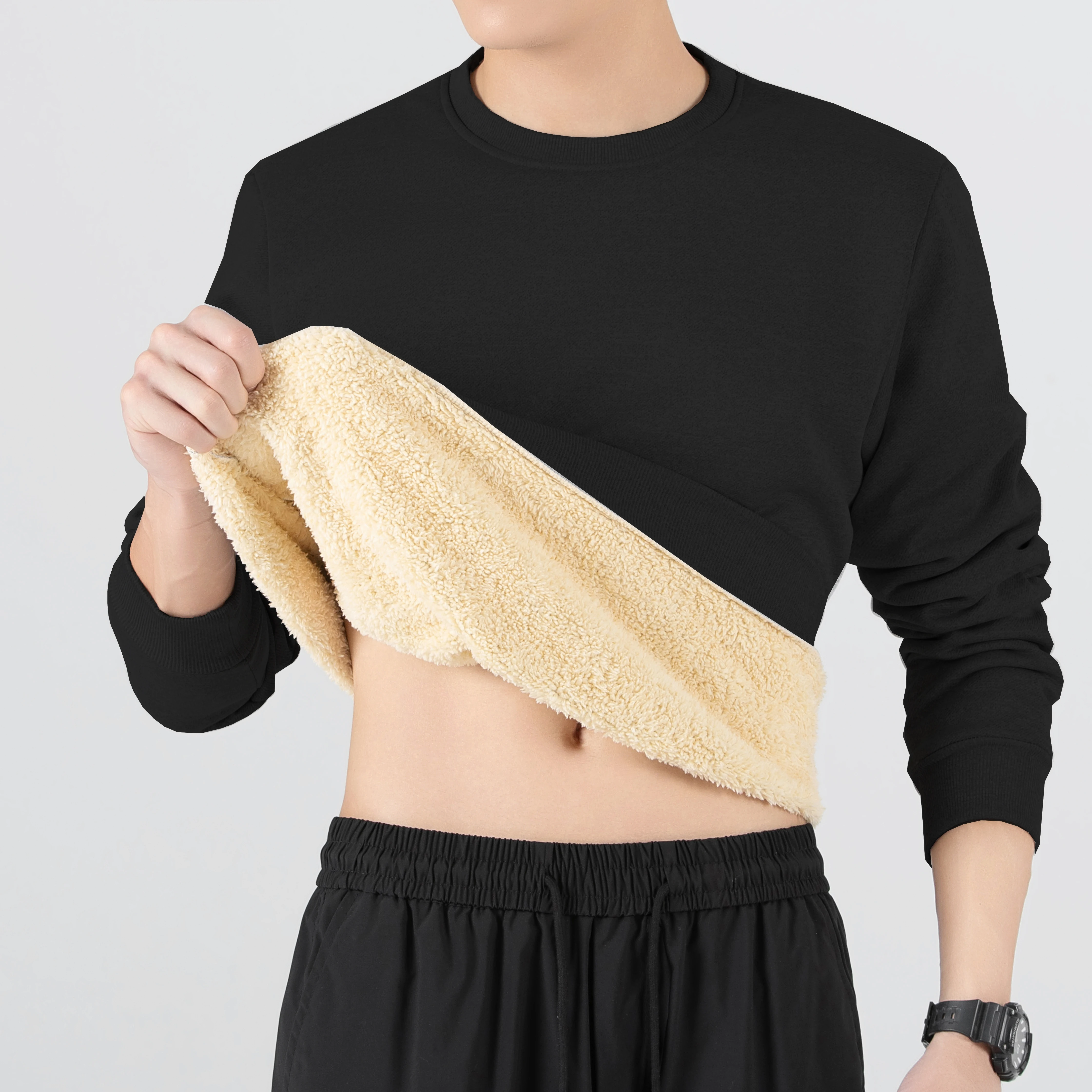 Men's Winter Thicken Warm Lambswool Sweatshirts Solid Drop Shoulder Round Neck Top Plush Thermal Windproof Fleece Pullover