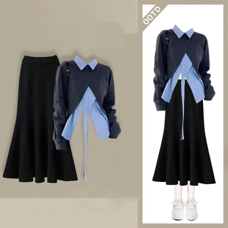 

Spring Autumn Women Short Cross Sweatshirt Fashion Blue Polo Shirts Midi Trumpet Skirts 1 or 3 Piece Set Falls Tops Skirts Suits