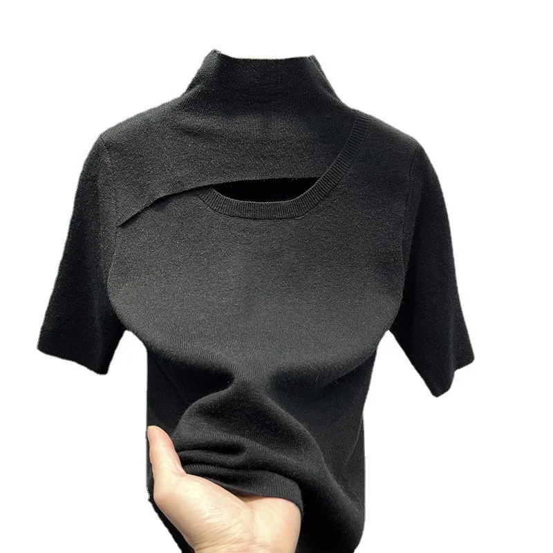 Hollow Out Patchwork Half High Collar Women\'s Solid Color Short Sleeve Knitted 2023 Summer New Chic Slim Sweater Undershirt Tops