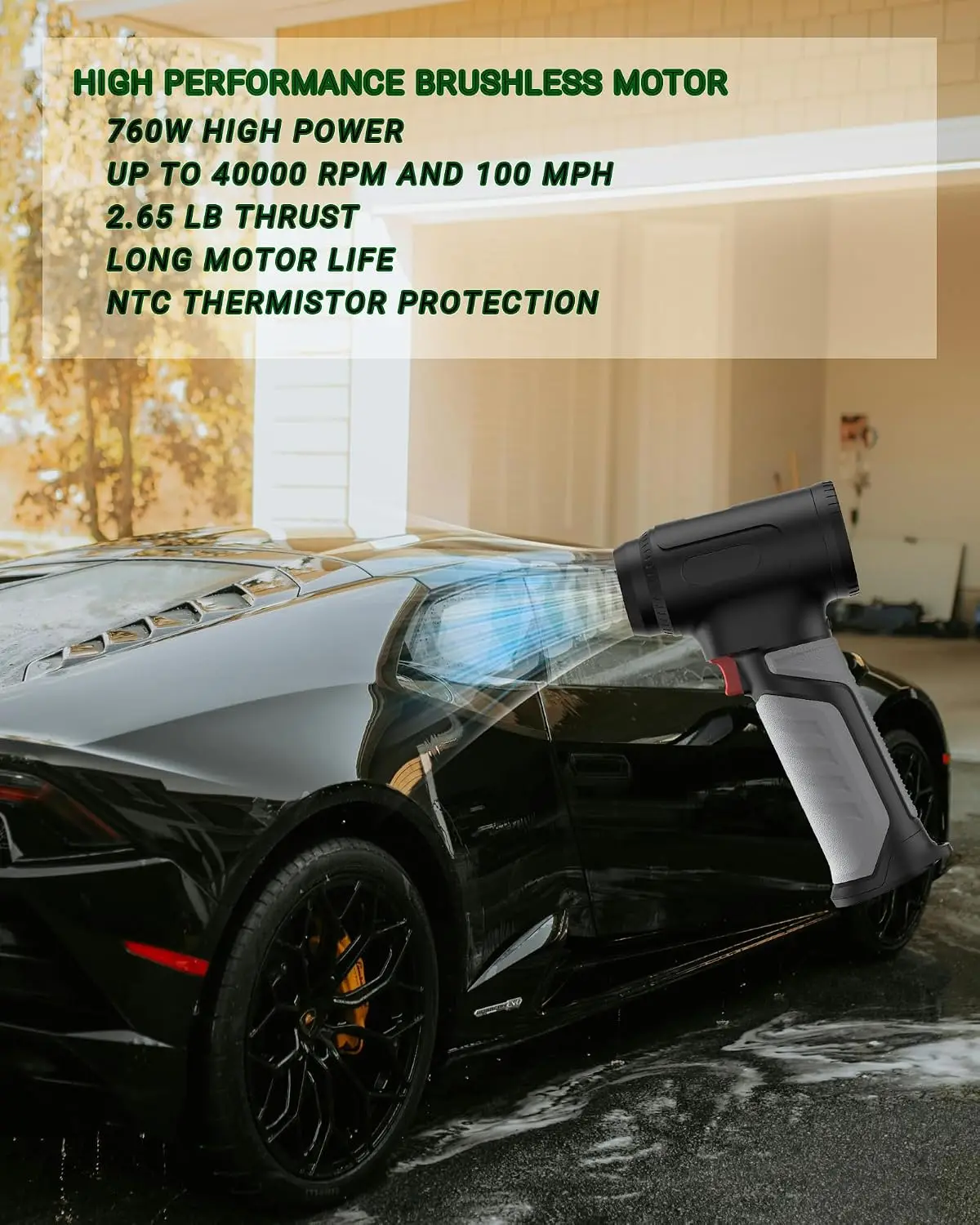 Turbo Dryer Blower, 760W High Power, 100 MPH, 2.65 lbs Thrust, Handheld Ultra-Lightweight Cordless Turbo Leaf Blower for Car Dry