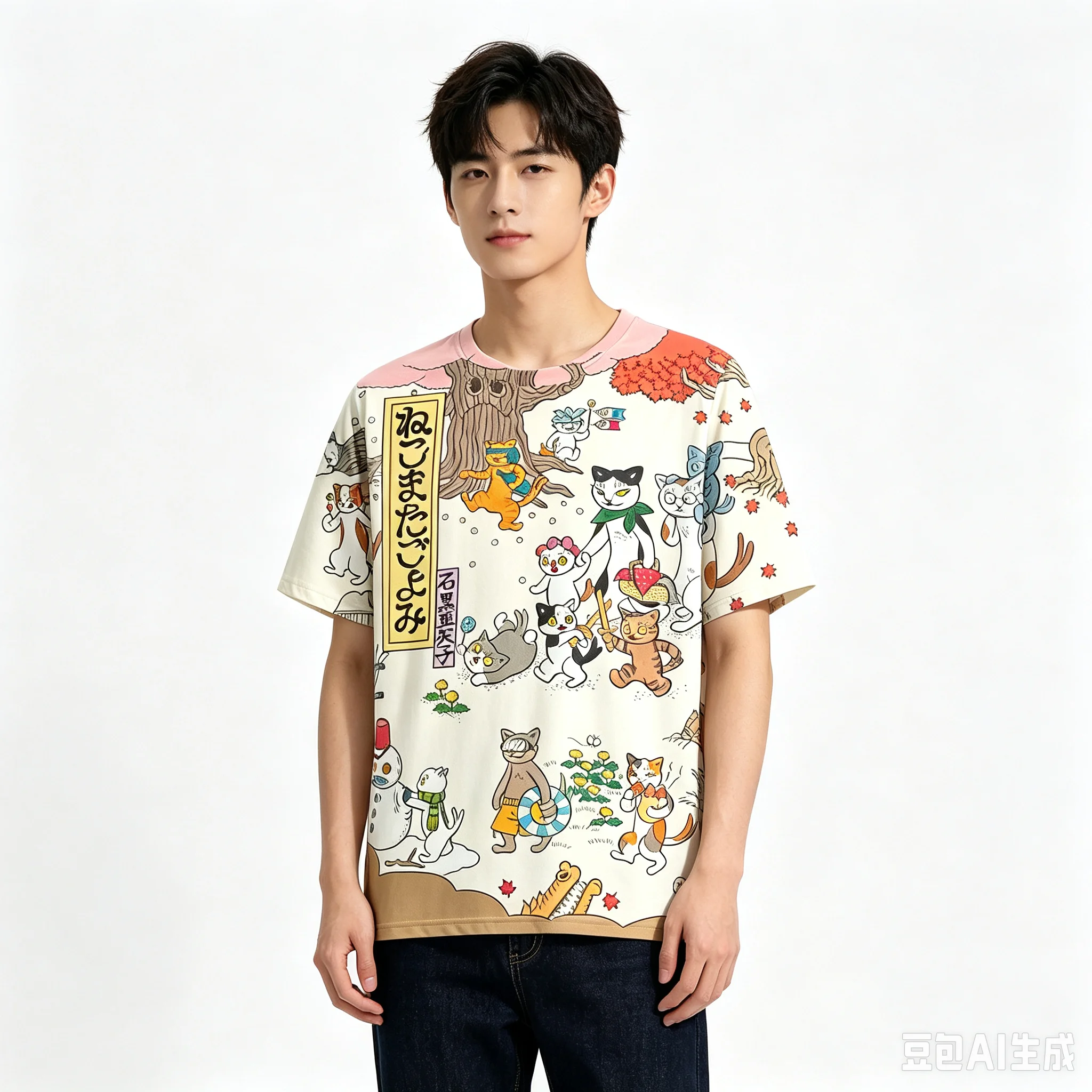 Harajuku Japanese Ukiyo-e Cat Print T Shirt Vintage Kanji Cartoon Kitten Crew Neck Loose Short Sleeve Casual Street Cotton Top