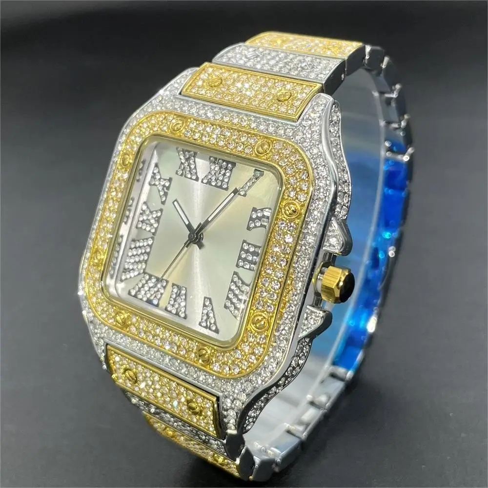 MISSFOX Iced Out Watch For Mens Fashion Square Waterproof Quartz Clocks Hip Hop Diamond Jewelry Wristwatch Male Reloj Hot Sell