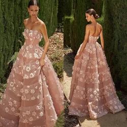 Dreamy A-Line Gown Prom Dresses Pink Appliques Flowers Lace Party Dresses Strapless Plus Size Custom Size Colour Evening Dresses