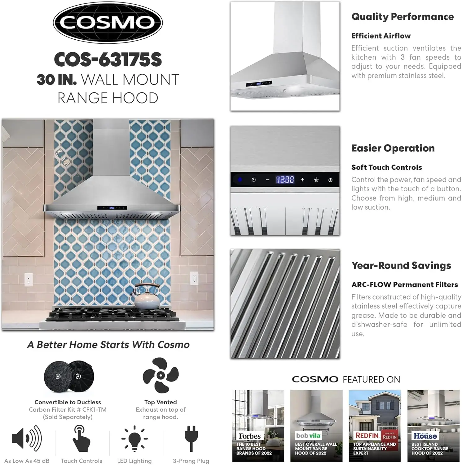 COSMO COS-63175S Wall Mount Range Hood with Ducted Convertible Ductless (No Kit Included), Ceiling Chimney-Style Stove Vent