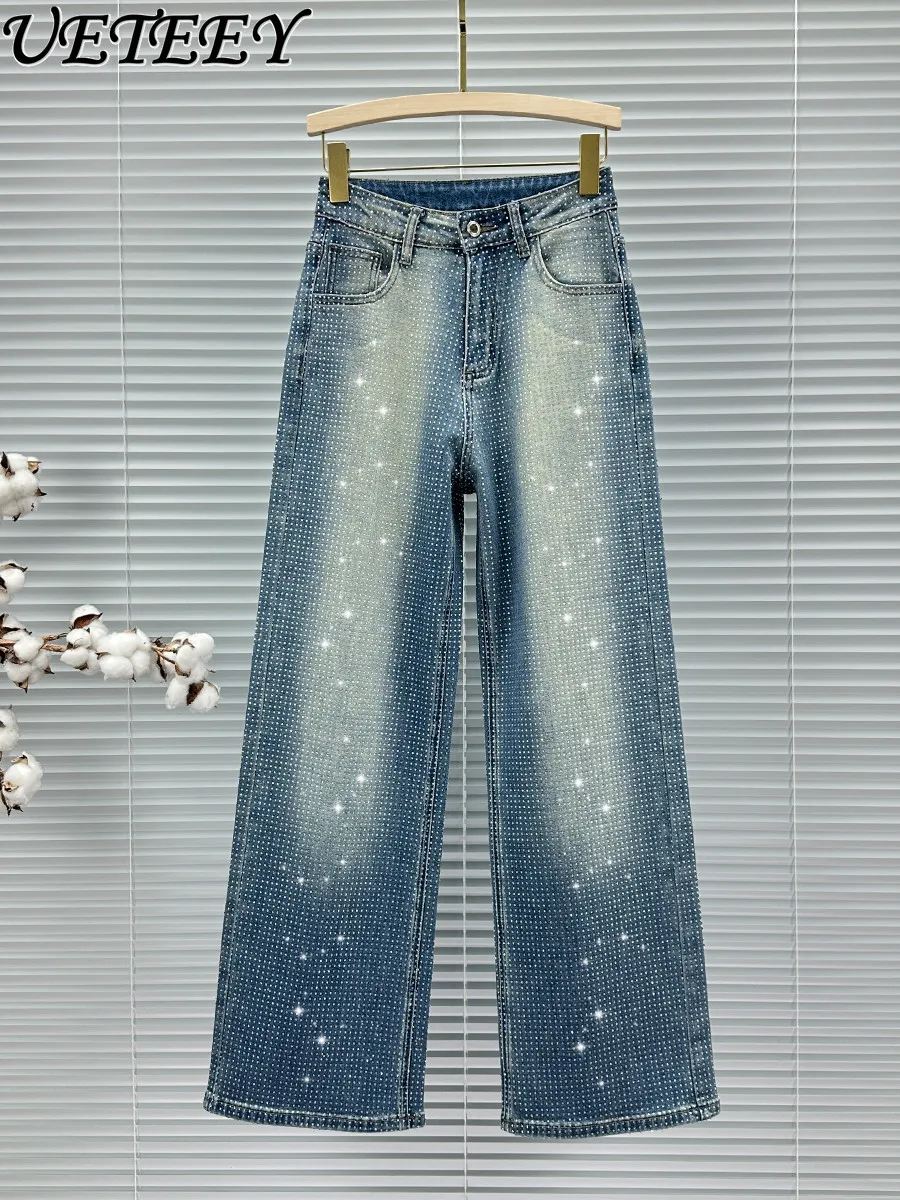 

Heavy Industry Rhinestone Denim Long Pants for Women Trendy 2026 New Spring High Waist Loose Slimming Versatile Wide Leg Jeans