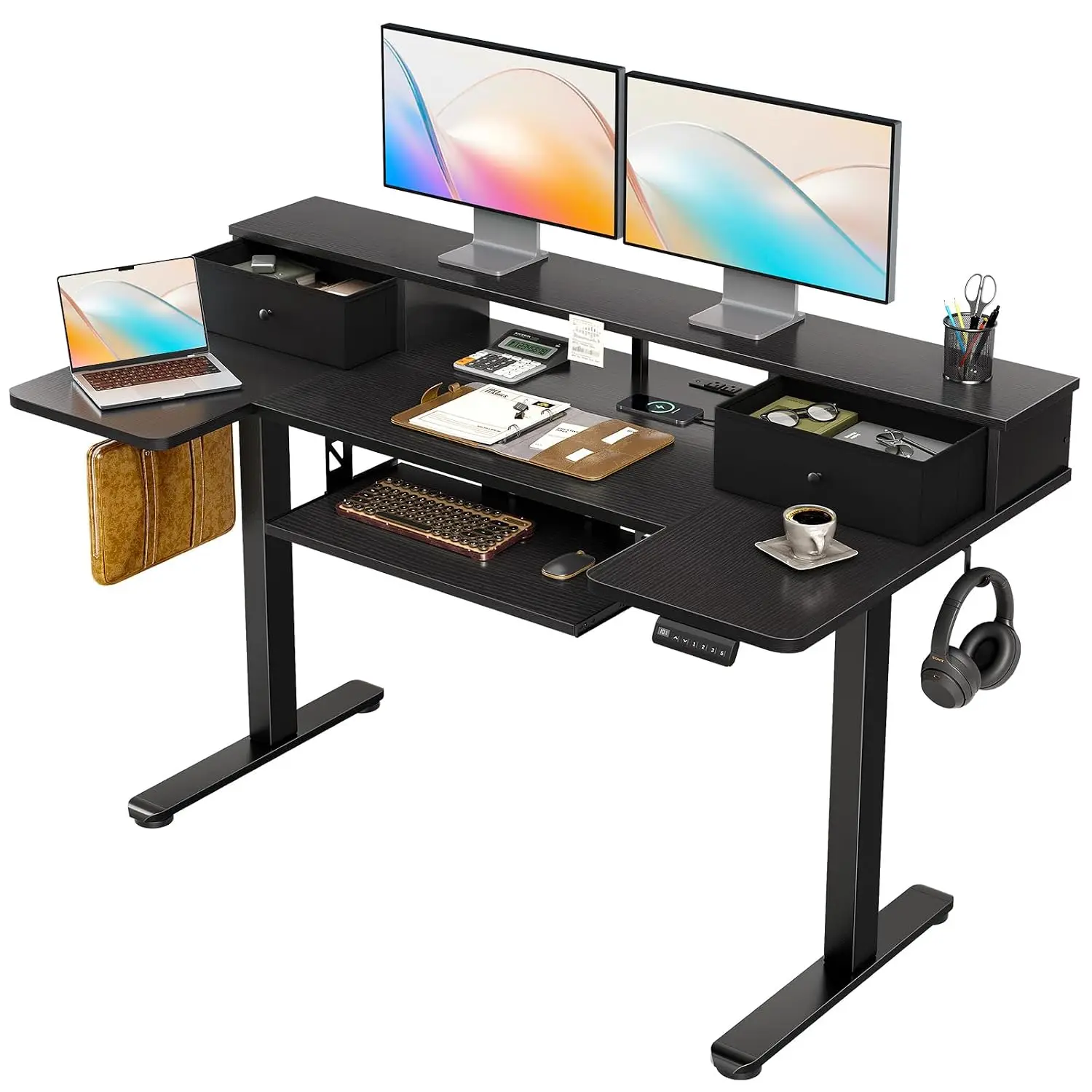 55 Inch U Shape Standing Desk with Keyboard Tray & Drawers, Black | Power Outlet, Dual-Monitor Stand, LED Light, 3, Customized