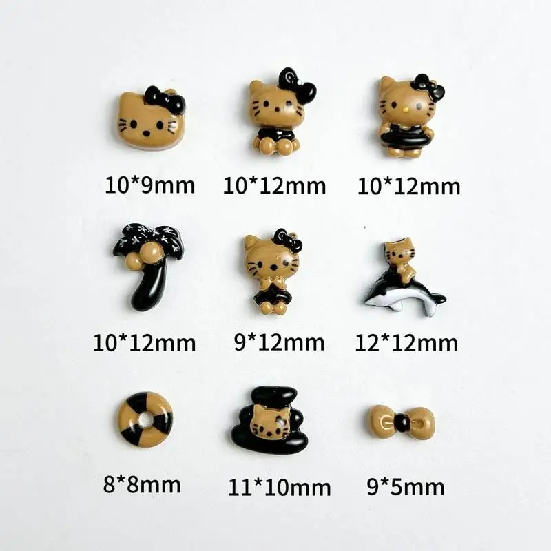 50PCS Cute Coffee Colored Skin Cat Nail Charms Black Brown Splicing Coconut Tree Swimming Circle Seaside Nail Art Decoration DIY