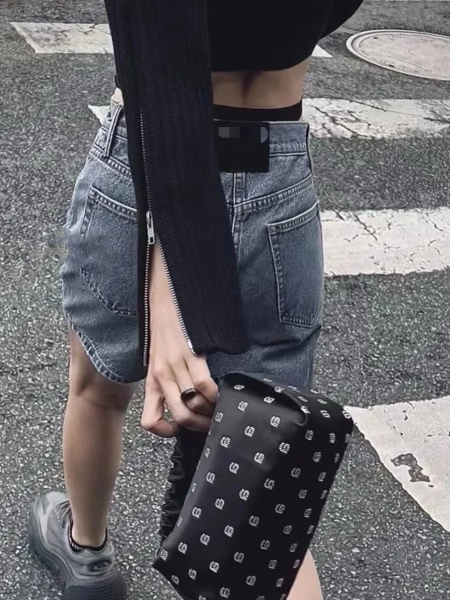 High Waist Straight Leg Jeans Women's Loose Fit Washed Blue Denim Pants Slimming Effect Two-Piece Illusion Summer Fashion