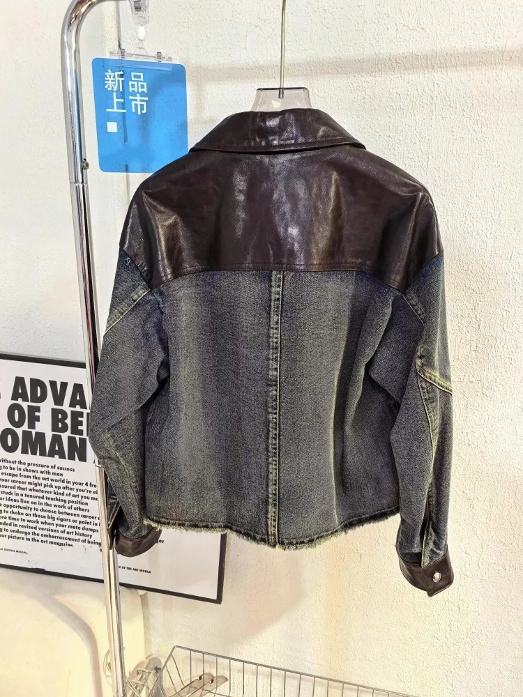 Women New Autumn Oil Wax Genuine Leather Spliced Denim Motorcycle Jacket Retro Sheepskin Turndown Collar Zip Short Jackets Coat