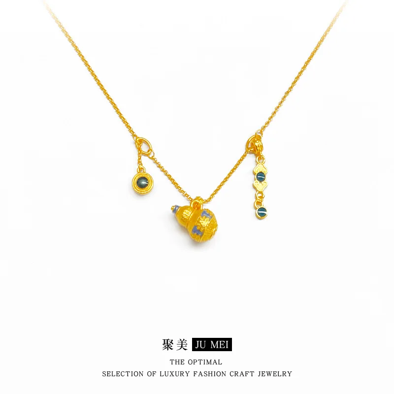 9999 24K real gold store same gold women's necklace blue and white porcelain gourd pendant jewelry