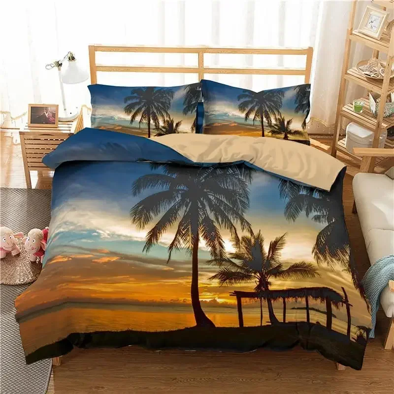 Ocean Duvet Cover Set Queen Size Tropical Island with The Palm Trees and Sea Beach Nature Theme Print Twin Bedding Set for Teens